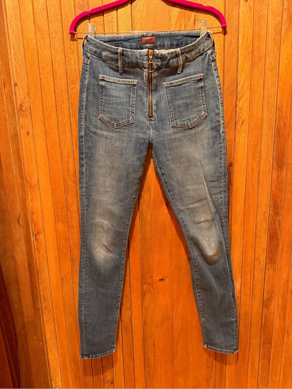 MOTHER Medium Blue High-Rise Skinny Jeans with Front Zip and Ring Detail Size 26